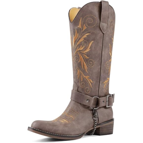 Shoes - Women's Embroidered Brown Removable Belt Low Block Heel Round Western Boots